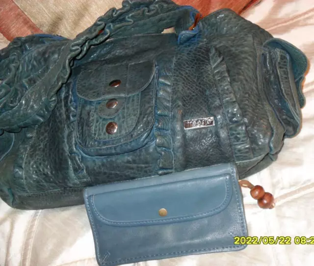 Lot Of 2 Treesje Dark Bl Green Leather Shouler Bag Handbag Purse Tote & Wallet