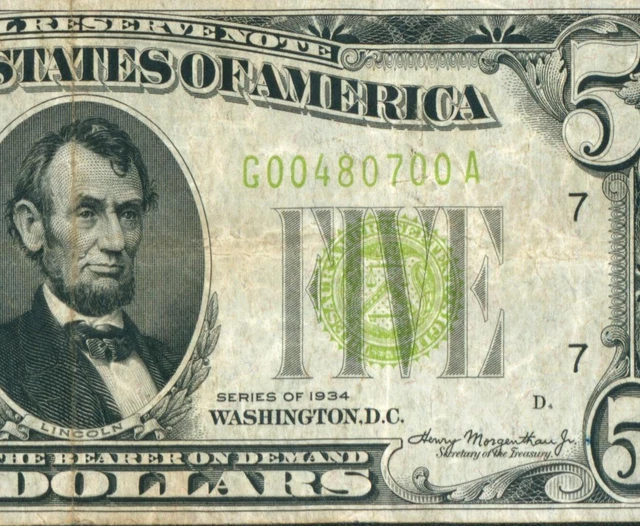 $5 1934 LGS LIME ((LIGHT GREEN SEAL)) Federal Reserve Note CURRENCY AUCTIONS