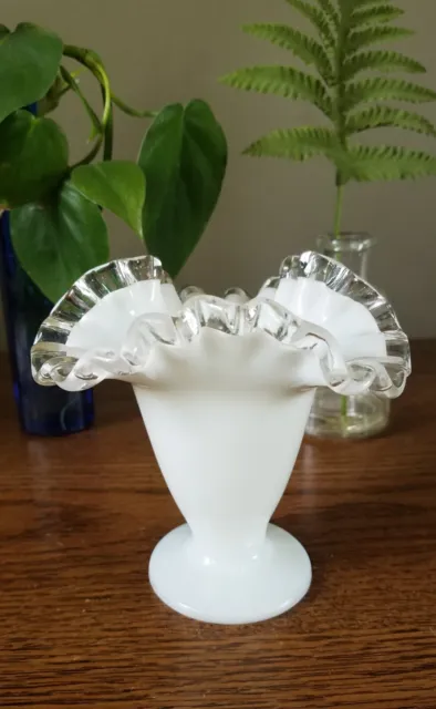Vintage Fenton Silver Crest Milk Glass Vase Clear Ruffled Edge