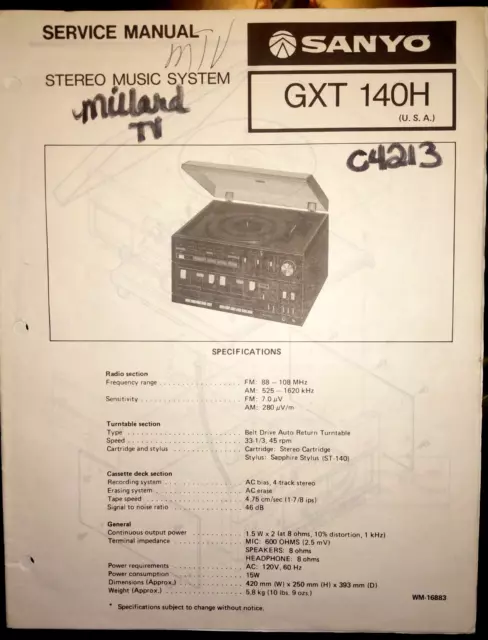 Sanyo Gxt140H Stereo Music System Original Service Manual