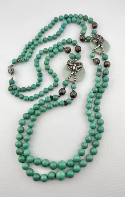 Old Chinese Silver Carved Turquoise & Jade Disk Ball Bead Moth Necklace 195.7g