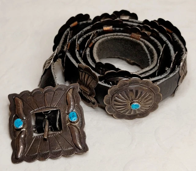 Antique Sterling Silver Turquoise Concho Belt Navajo Native American 136 grams