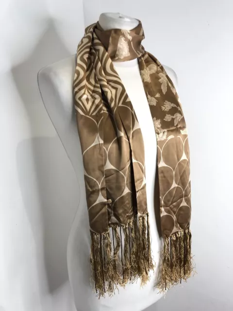 Bellissima sciarpa 100% seta con perline finiture con frange in perfette condizioni motivo geometrico floreale hippy