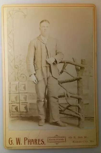 Antique Cabinet Card Photo - Man Posing Fence - GW Phares - Kansas City MO