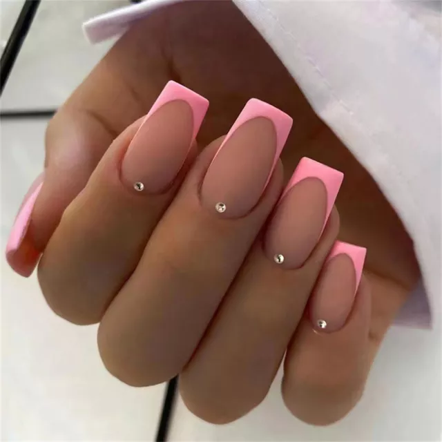 Square Short False Nail Rose Pink French Press on Nails for Nail Art 24pcs