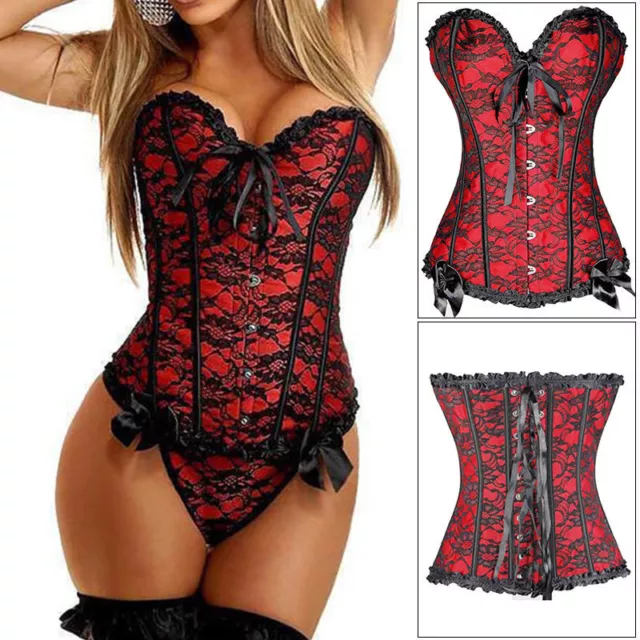 Boned Sexy Black Corset Lingerie Lace Up Basque Bustier Steampunk Gothic Suit UK