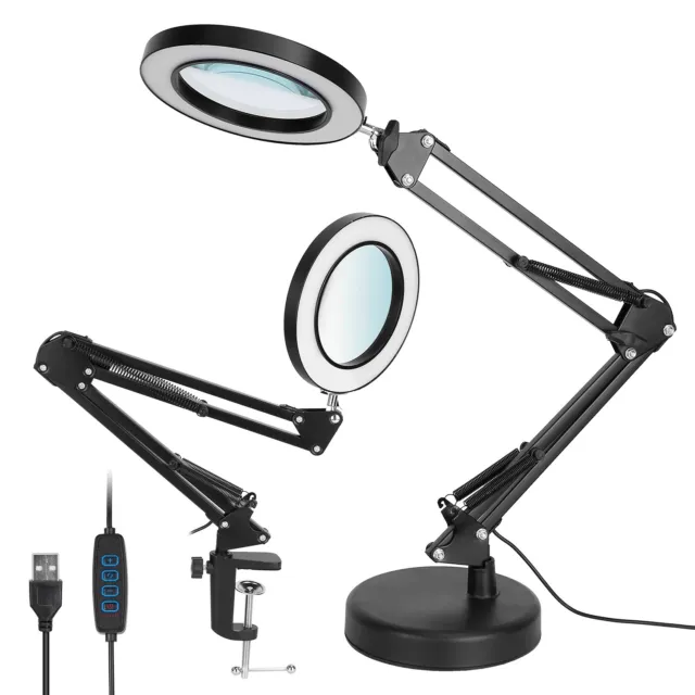 2-in-1 LED Magnifier Desk Lamp 10x Magnifying Glass w/ Light Swing Arm and Clamp