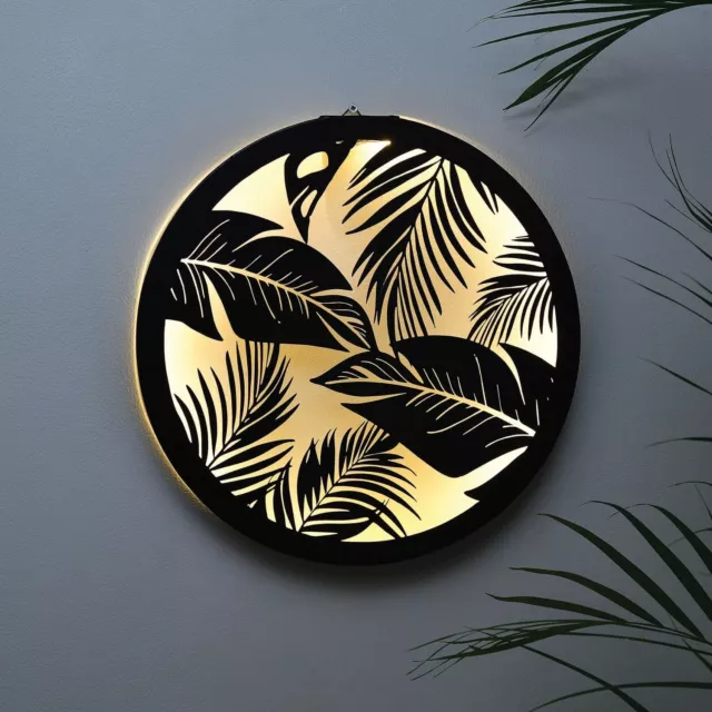 Black Metal Fern Palm Leaf Wall Art Garden Sculpture Plaque Solar Powered Decor