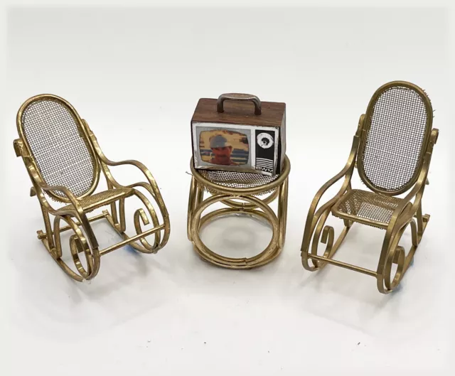 Vtg 80s Miniature Dollhouse 1:12 Scale Brass Metal Bentwood Style Rockers TV Lot