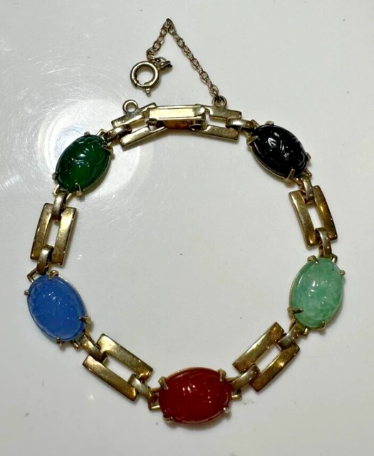 Bracelet Ancien égyptien Revival En Or 22 Carats - Scarabée Et Hiéroglyphes - Occasion