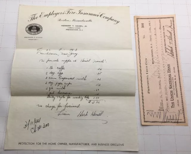 1944 Frenchtown Lions Club The Union National Bank Check With Insurance Invoice