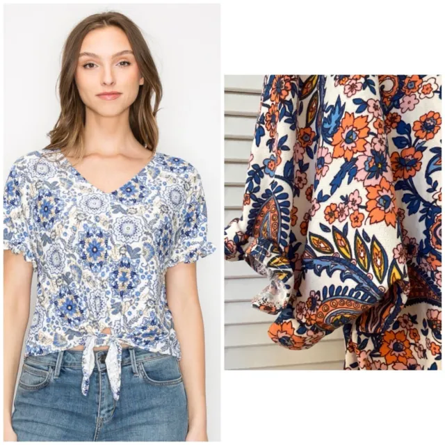W5 Tie Front Orange Blue Paisley Print Short Sleeve Pullover Top, Size S, NWT