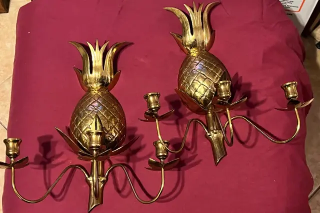 Pair of Two 2 Pineapple Candle Wall Candle Sconces Set Yellow Brass Vintage