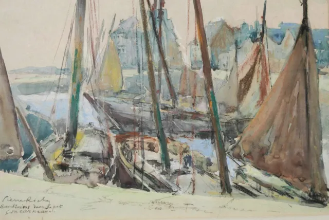 Dessin aquarelle tableau encadré paysage Bretagne port Concarneau Pierre Richy