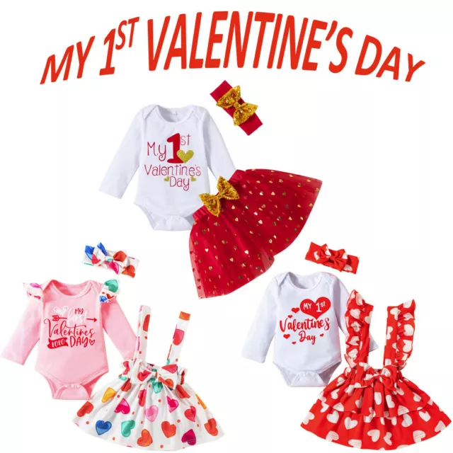 Baby Girls My 1st Valentine's Day Princess Outfits Romper Skirt Headband Clothes