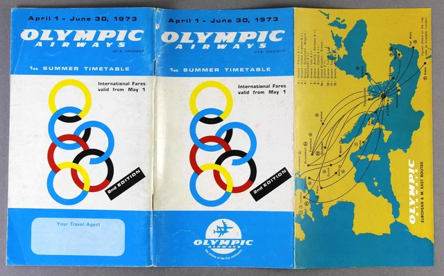 OLYMPIC AIRWAYS FLUGPLAN Sommer 1973 Oa Flottenbilder Routenkarte