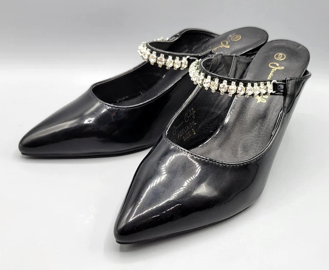 Jessica Carlyle Adelia Rhinestone Black Patent Leather Mules High Heels Size 9