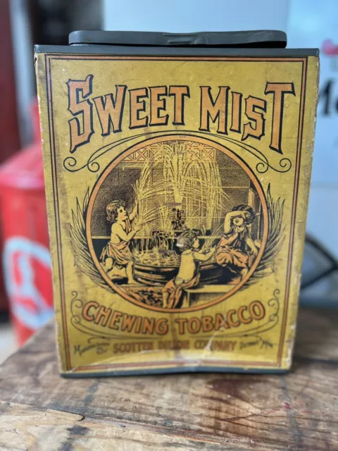 EARLY ANTIQUE 1900 Sweet Mist Chewing Tobacco Large Counter Tin Scotten ...