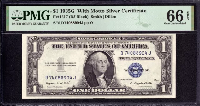 1935 G $1 Silver Certificate Note With Motto Fr.1617 Dj Block Pmg Gem 66 Epq