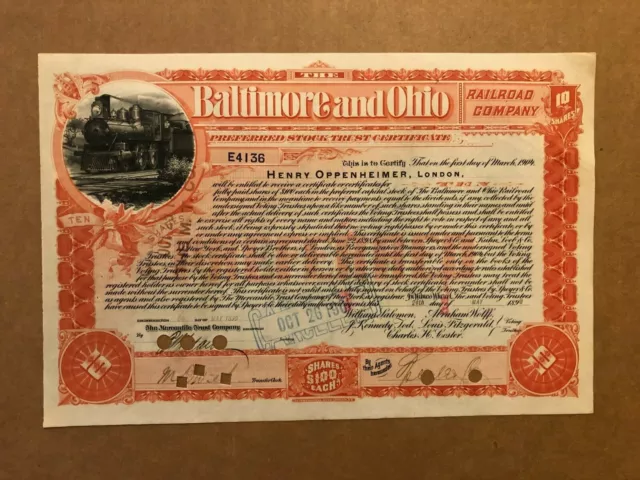 Baltimore And Ohio Railroad Co. 1899 Stock Certificate Signed Henry Oppenheimer!