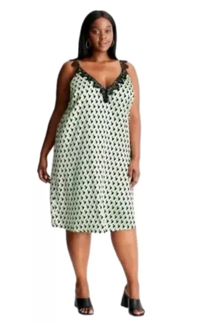Future Collective Green Black Geometric Lace Trim Satin Slip Dress Size XL, 1X