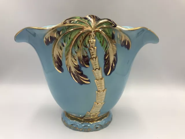 Beswick Large Palm Tree Ceramic Vase 21.5cm Turquoise Blue & Gold Vintage #1069 3