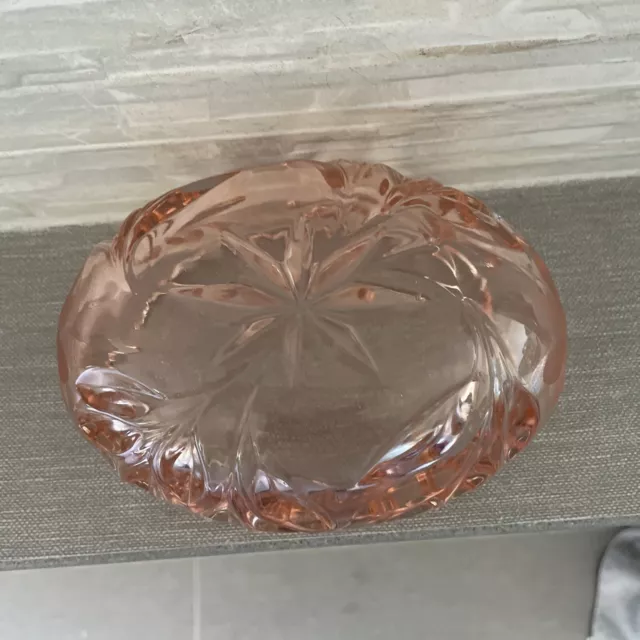 Vintage Pink Etched Cut Glass Bowl Trinket Dish 6.5”x 3” 3