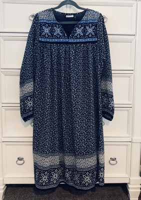 KAS New York Navy Blue Embroidered Baby Doll Style Dress Size Large GUC