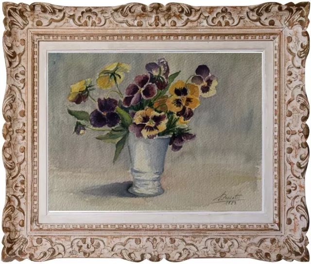 Suzanne PROVOT (1931-2022) Superbe Peinture Bouquets de Fleurs Pensées (77)