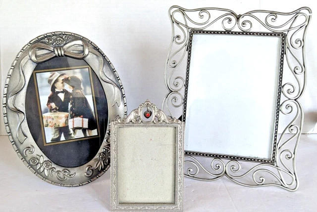 Lot of 3 Pewter Picture Frames Holds 8 x 10 5 x 7 and 4 x 3 Photos See Descrip