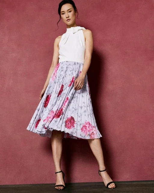 TED BAKER CORNALA Babylon Dress White Top Pleated Floral Blue Sz 4
