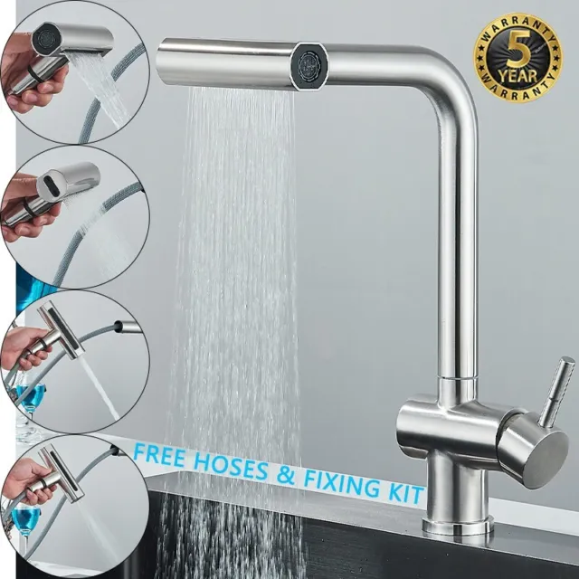 Monobloc Pull Out Kitchen Sink Mixer Tap Waterfall Spout Spray 360° Single Lever