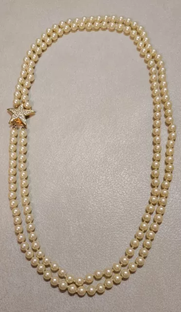 Joan Rivers Faux Pearl Double Strand Necklace Rhinestone Star Clasp Celestial