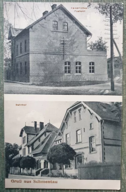 Ak Gruss aus Schmentau (Smętowo Graniczne). Bahnhof, Postamt. 1914 Pommern