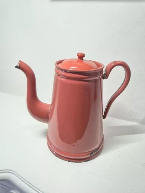 Lovely Vintage Retro Enamel Metal Crimson Red Long Spout Coffee Pot with Lid.