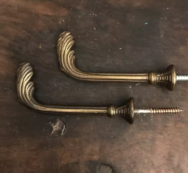 Vintage PAIR French Antique Brass Drapery Curtain Holdback Towel Hook Leaf Gold