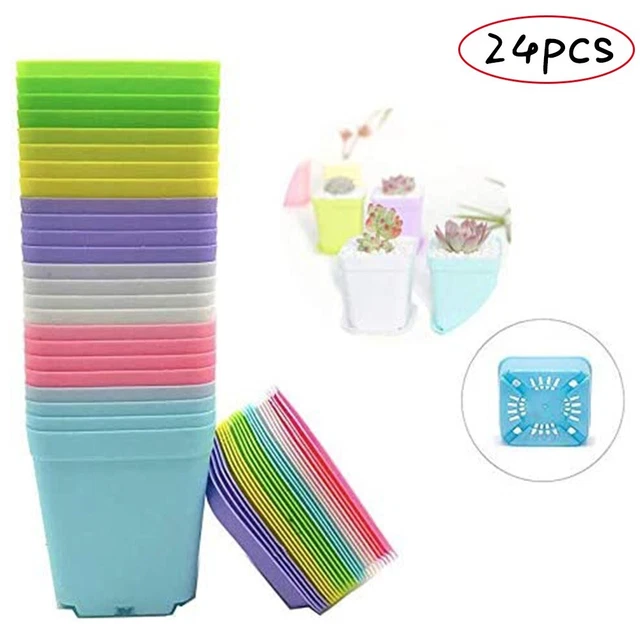 Lot de 24 mini pots carrés de fleurs en plastique avec plateaux couleurs assort