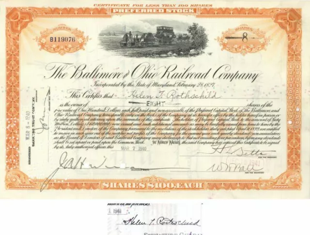 Baltimore and Ohio Railroad Co. Issued to and Signed by Helen T. Rothschild - St