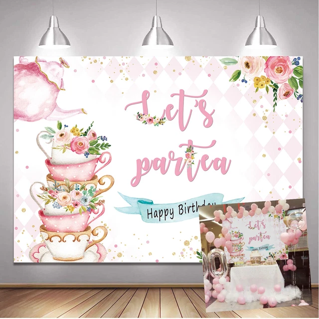 AFTERNOON TEA PARTY Backdrop for Girls Pink Flower Teapot Photography