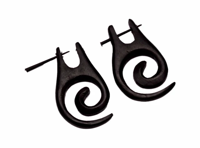 A Pair of Natural Black Wood USA Organic Coconut Tribal Wooden Earrings EAR718
