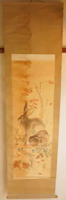 Rollbild Original Traditionelles Kakejiku aus Japan mit Hasen & Signiert 0216C5