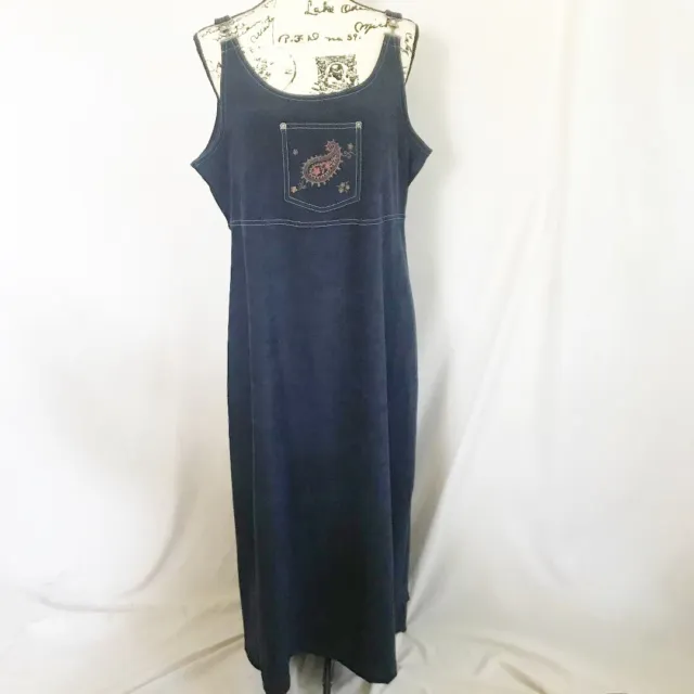 Vintage 90’s Amanda Smith Navy Faux Suede Embroidered Maxi Jumper Dress Size PL