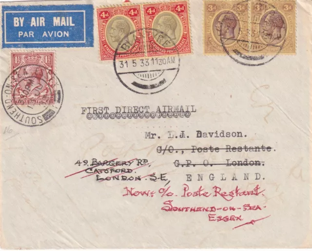 Nyasaland 1933 1st Airmail cover Blantyre to UK with KGV 1 1/2d & redirected