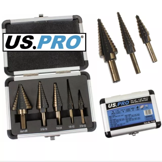 US PRO 5pc HSS-G STEP DRILL Set In Case 3/8” - 1,3/8” 3 Flats Shank New 7139