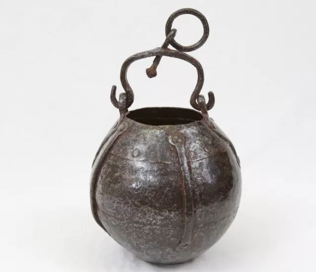 Early Antique Hand Forged Iron Riveted Cauldron Hanging Hearth Pot Medieval