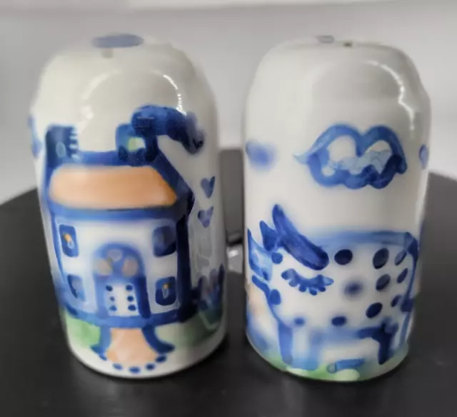 Vintage (1980s) MA HADLEY stoneware pottery SALT & PEPPER SHAKERS blue HOUSE PIG