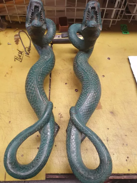 2 SNAKE Python solid hollow brass door PULL old style aged GREEN handle 35cm B 3