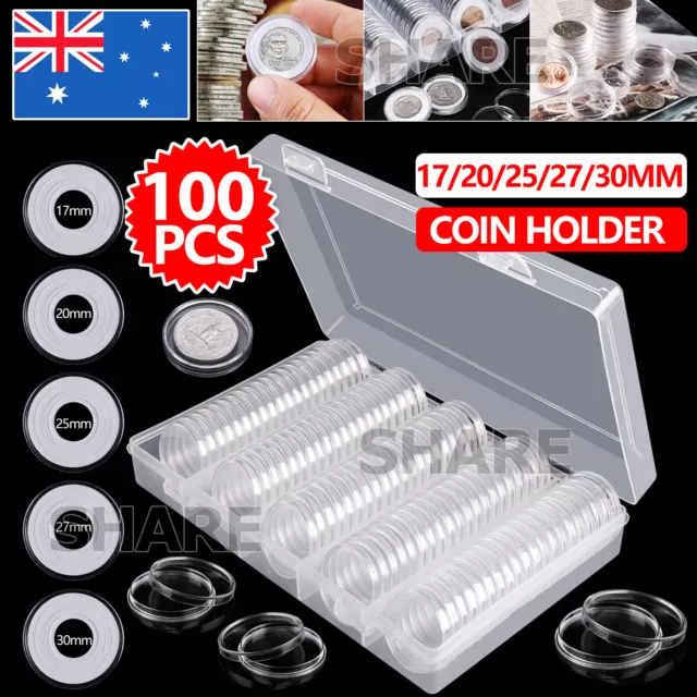 100pc Coin Storage Box Case Capsules Holder Clear Plastic Round 20MM 25mm 30mm