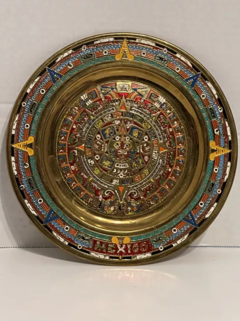 Brass Hanging Place With Multicolor Aztec Calendar In Enamel 8” Diameter EUC