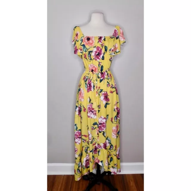 BAND OF GYPSIES Yellow Floral Maxi Dress Off Shoulder Ruffle High Low Hem Small